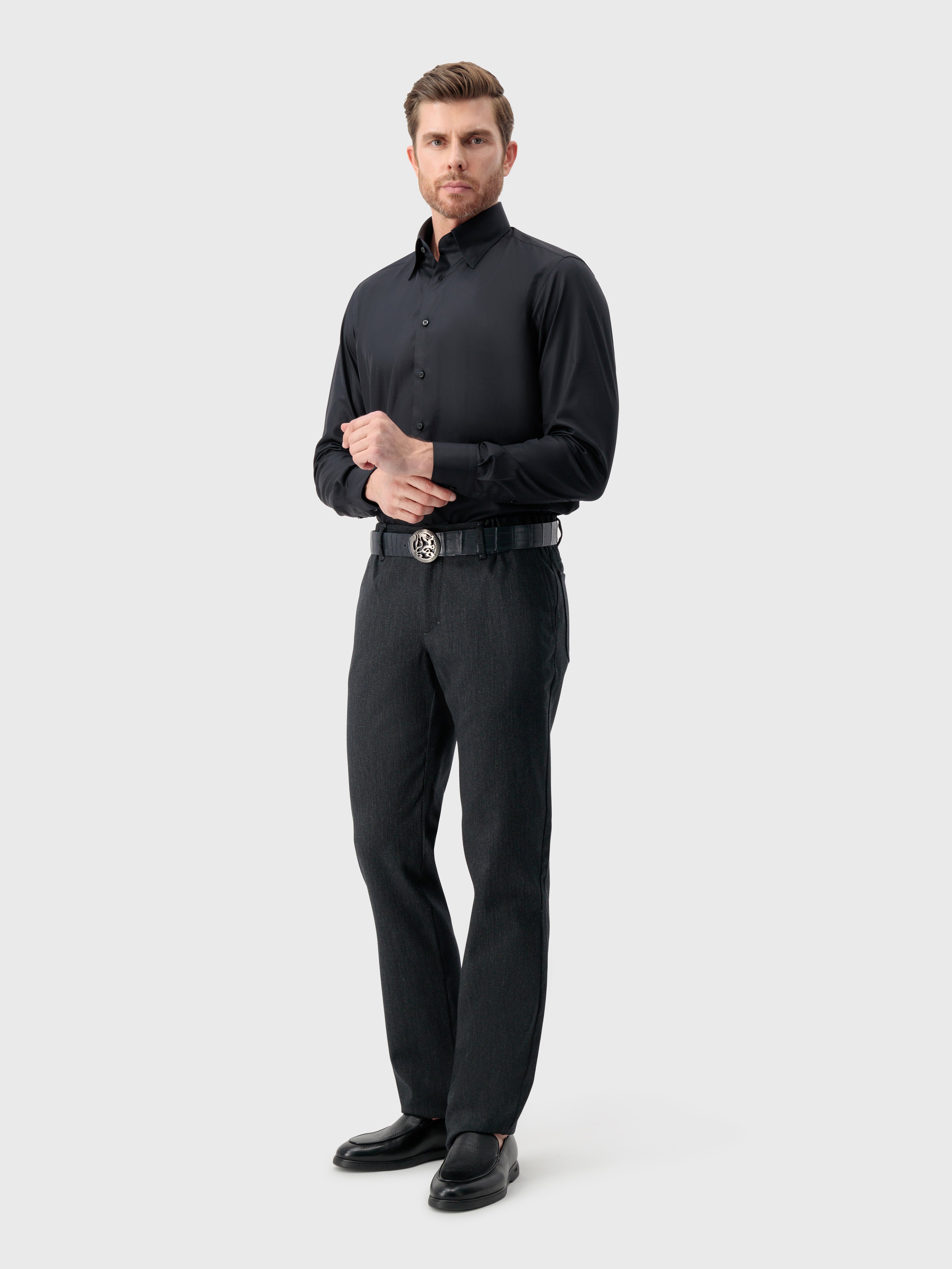 Cotton Shirt with Triple Stitching Black