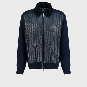 Lambskin Zip-Up with Crossed Stripes Pattern Dark Navy