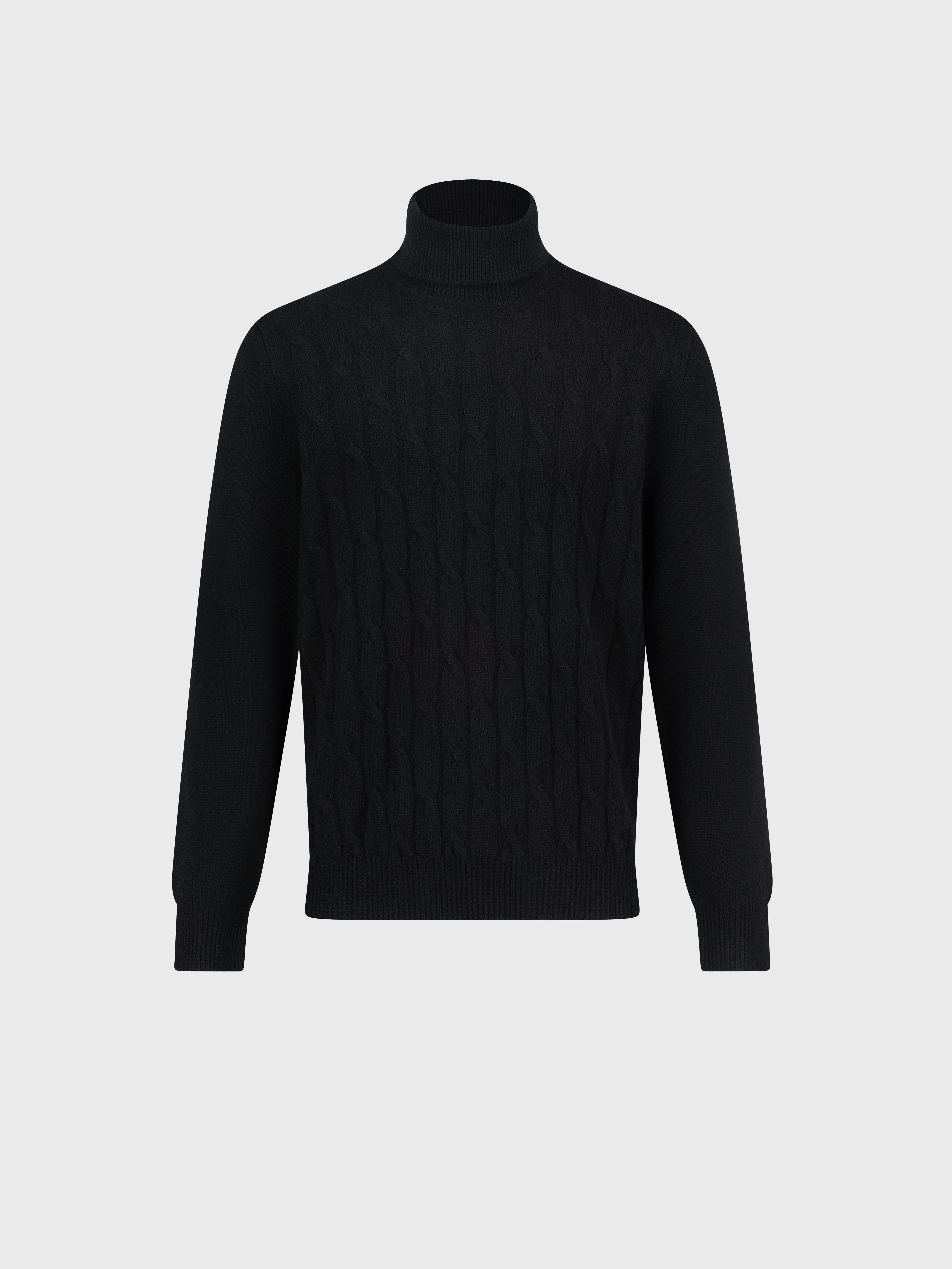 Cashmere Turtleneck Pullover with Cable Knit Pattern Black