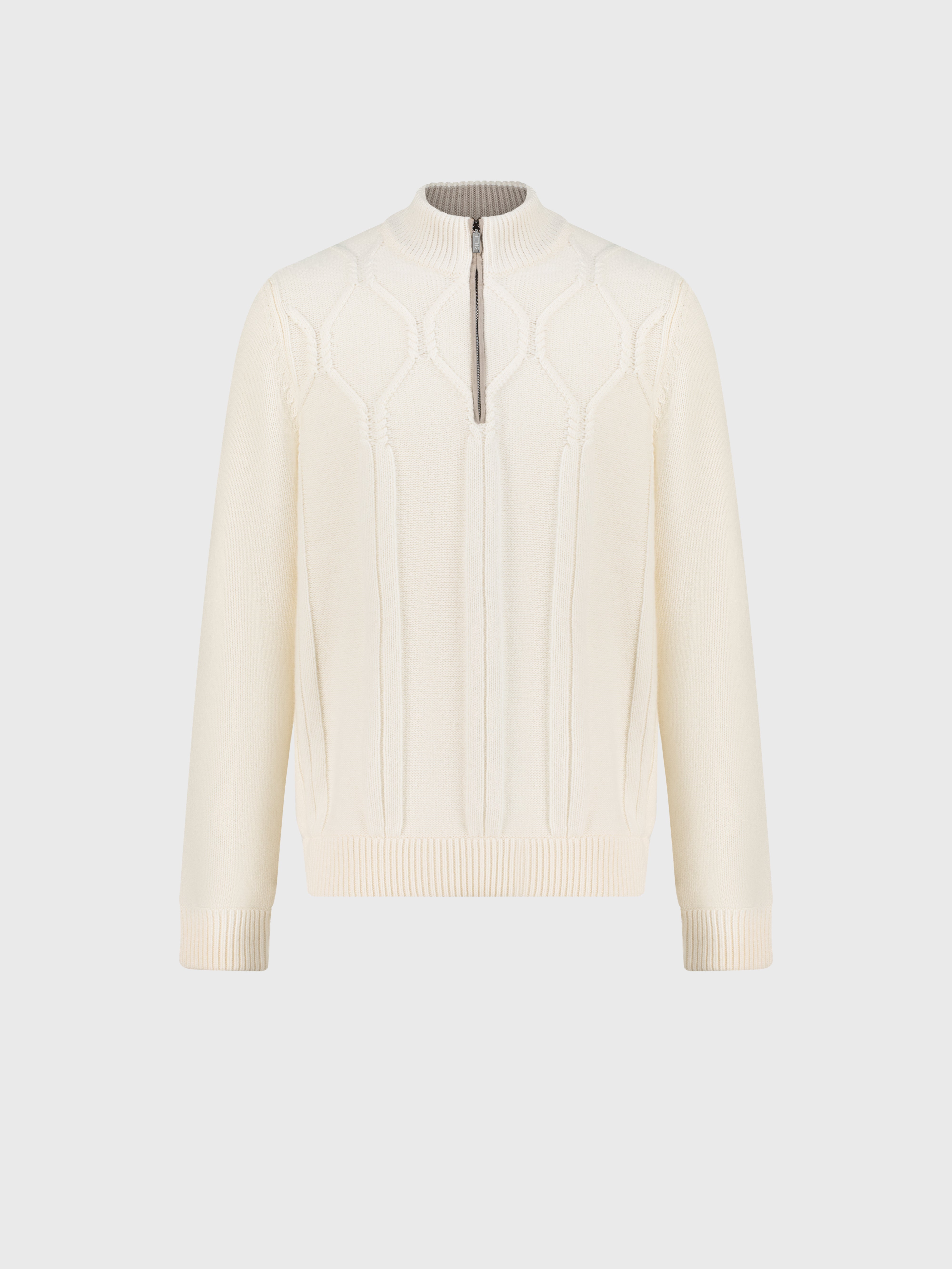 Mock Neck Zipped Cardigan with Rhombus Jacquard Weaving White