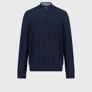 Mock Neck Zipped Cardigan with Rhombus Jacquard Weaving Dark Navy