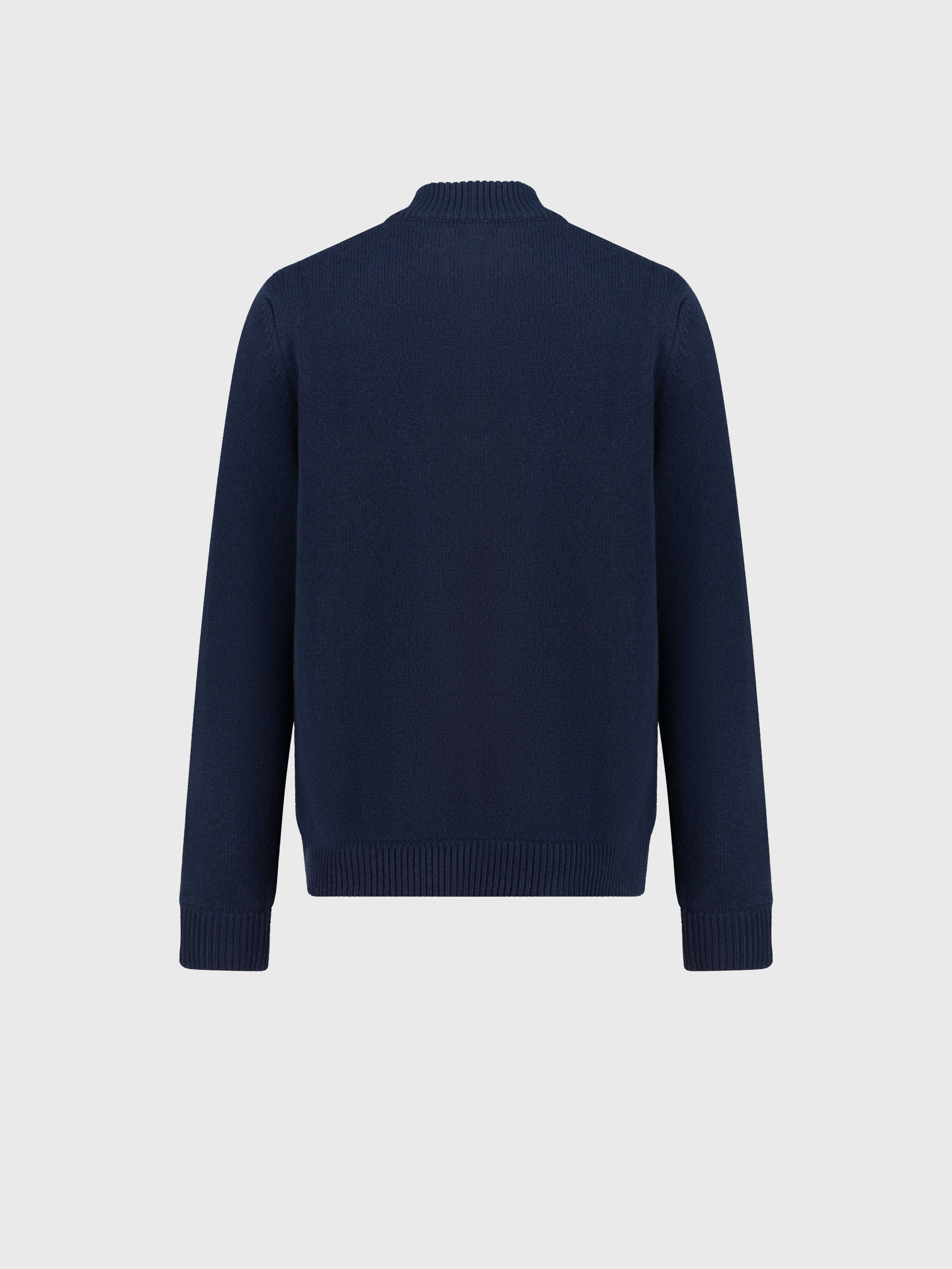 Mock Neck Zipped Cardigan with Rhombus Jacquard Weaving Dark Navy
