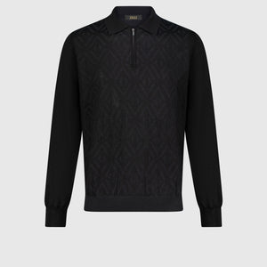 Zipped Polo with Rhombus Jacquard Weave Black