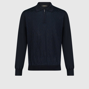 Zipped Polo with Rhombus Jacquard Weave Dark Navy