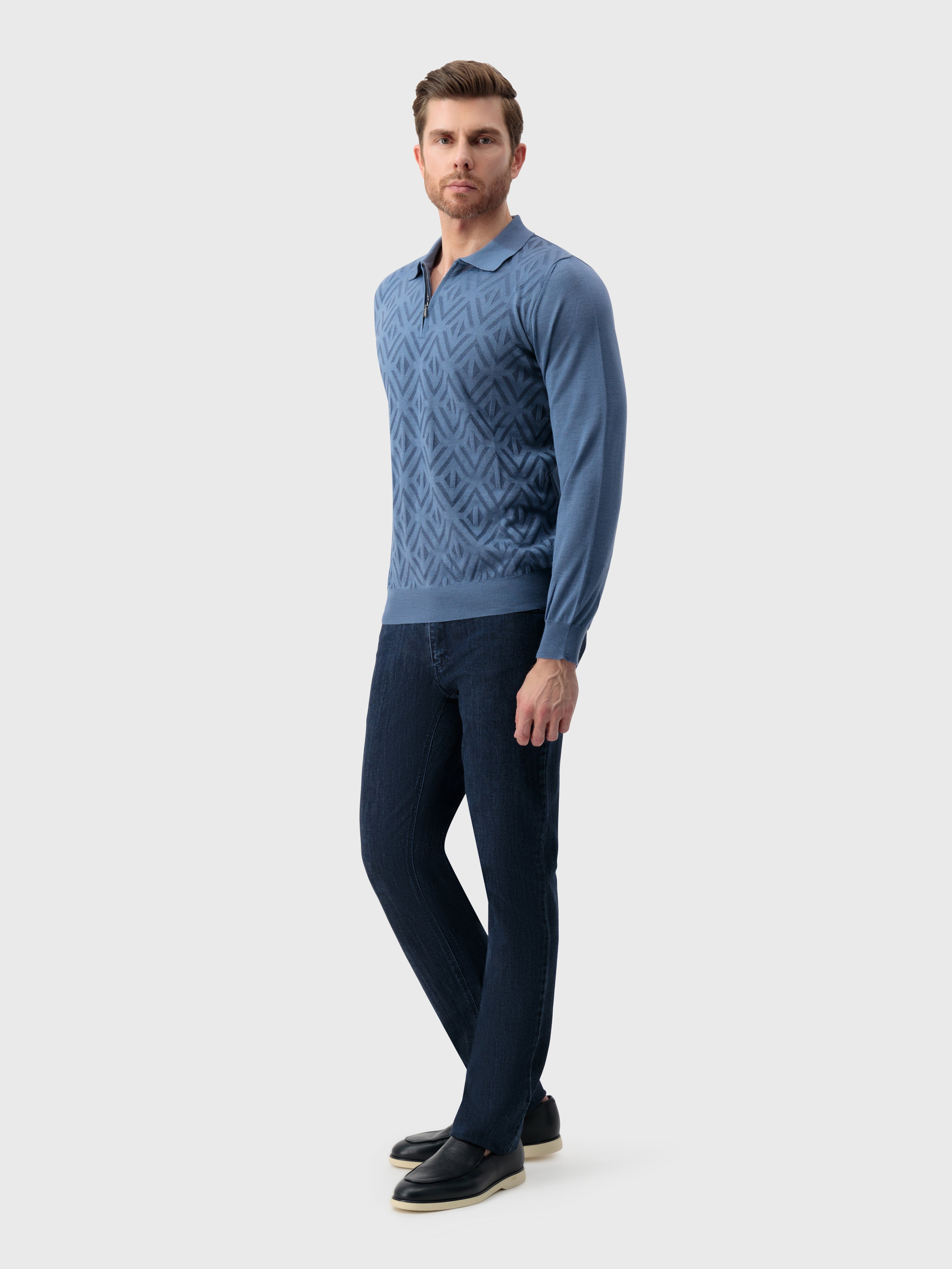Zipped Polo with Rhombus Jacquard Weave Smoke Avio