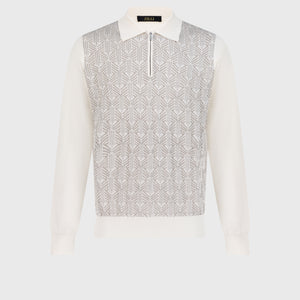 Zipped Polo with Geometric Jacquard Weave White