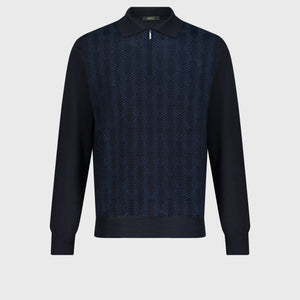 Zipped Polo with Geometric Jacquard Weave Dark Navy