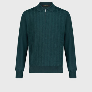 Zipped Polo with Geometric Jacquard Weave Dark Green
