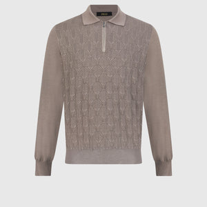 Zipped Polo Shirt with Geometric Jacquard Weave Taupe