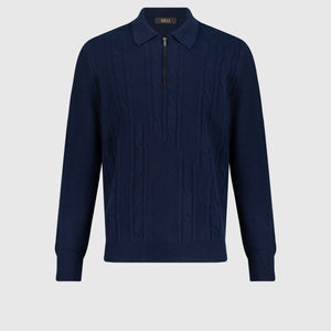 Polo with Cable Knit Pattern Dark Navy