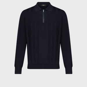 Zipped Polo with Crossed Stripes Jacquard Dark Navy