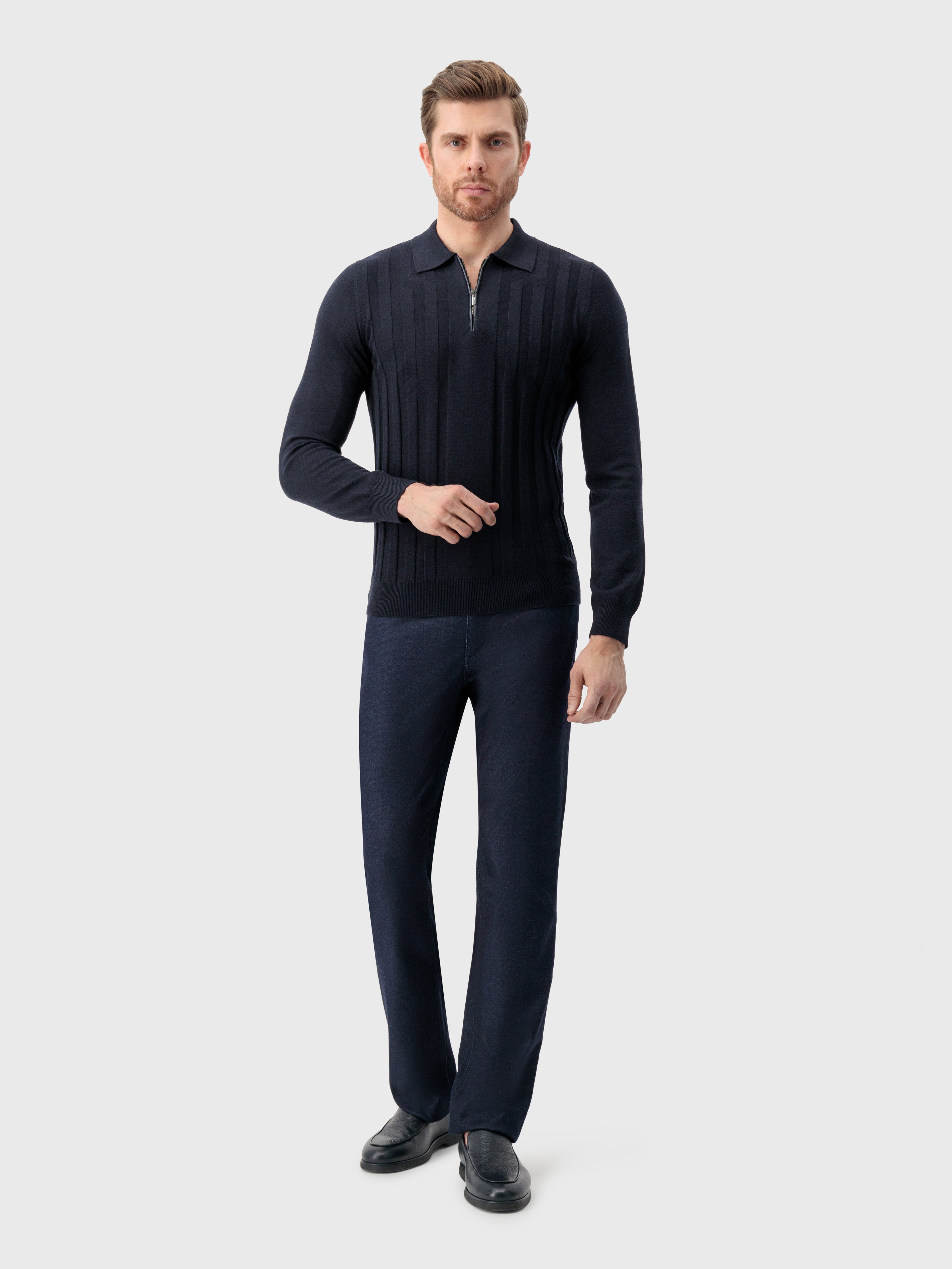 Zipped Polo with Crossed Stripes Jacquard Dark Navy
