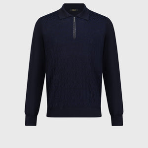 Geometric Pattern Polo Shirt in Wool, Silk, and Cashmere Dark Navy