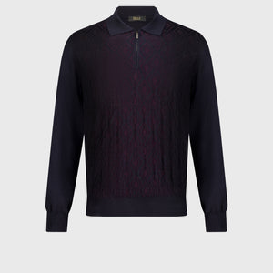 Zipped Knitwear Polo in Wool, Silk, and Cashmere Dark Navy