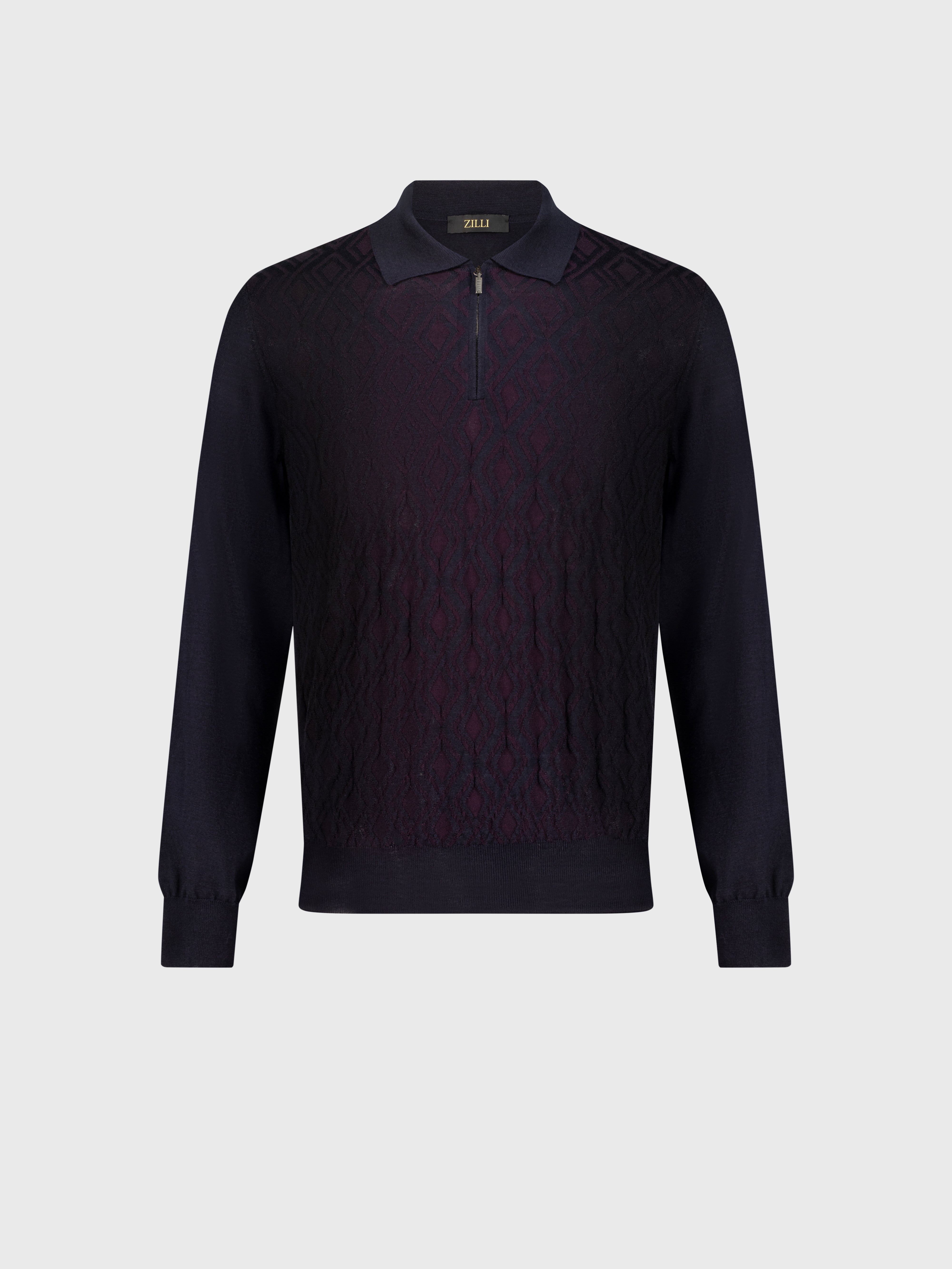 Zipped Knitwear Polo in Wool, Silk, and Cashmere Dark Navy
