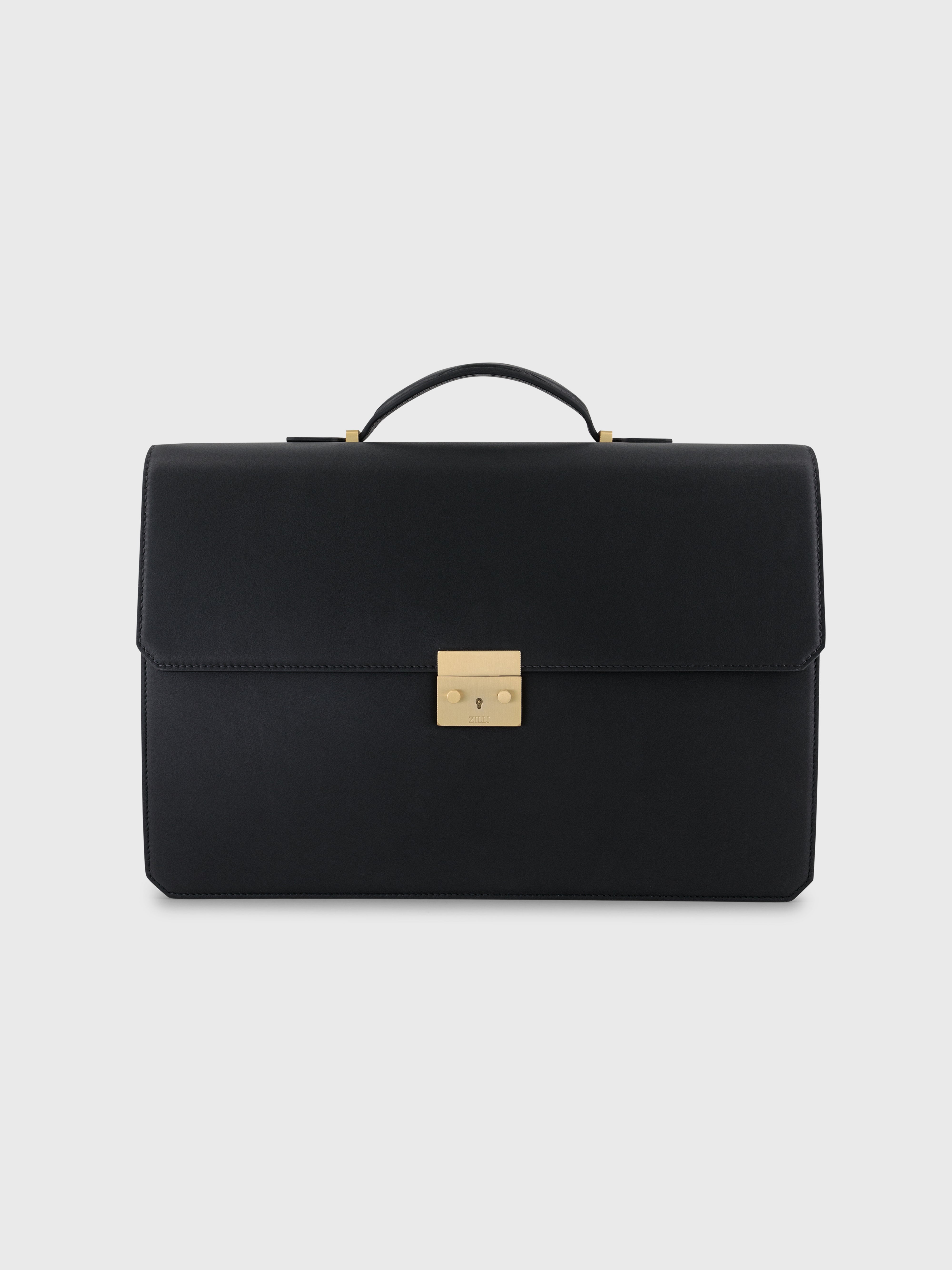 Double Compartment Calfskin Briefcase - Black