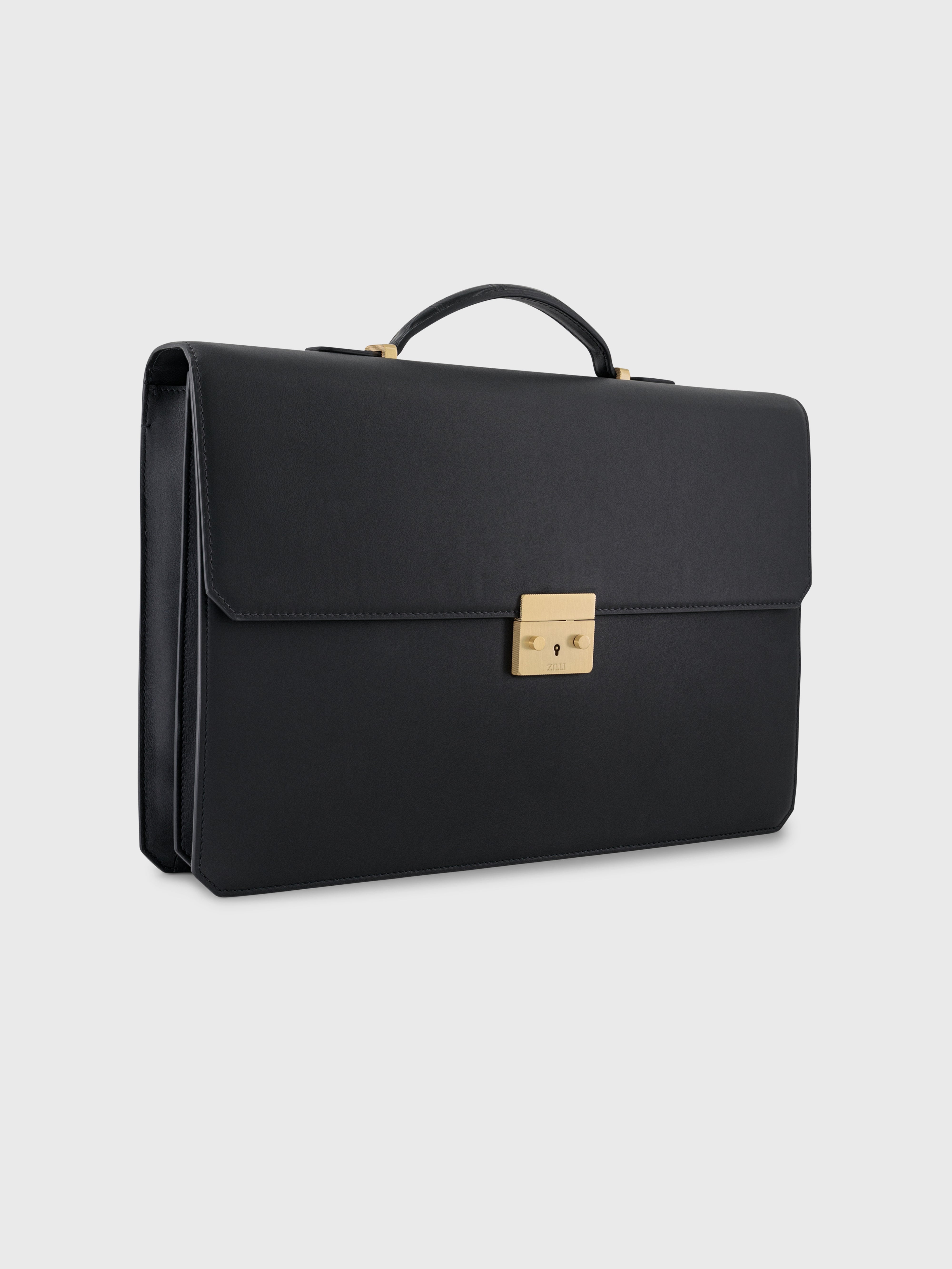 Double Compartment Calfskin Briefcase - Black
