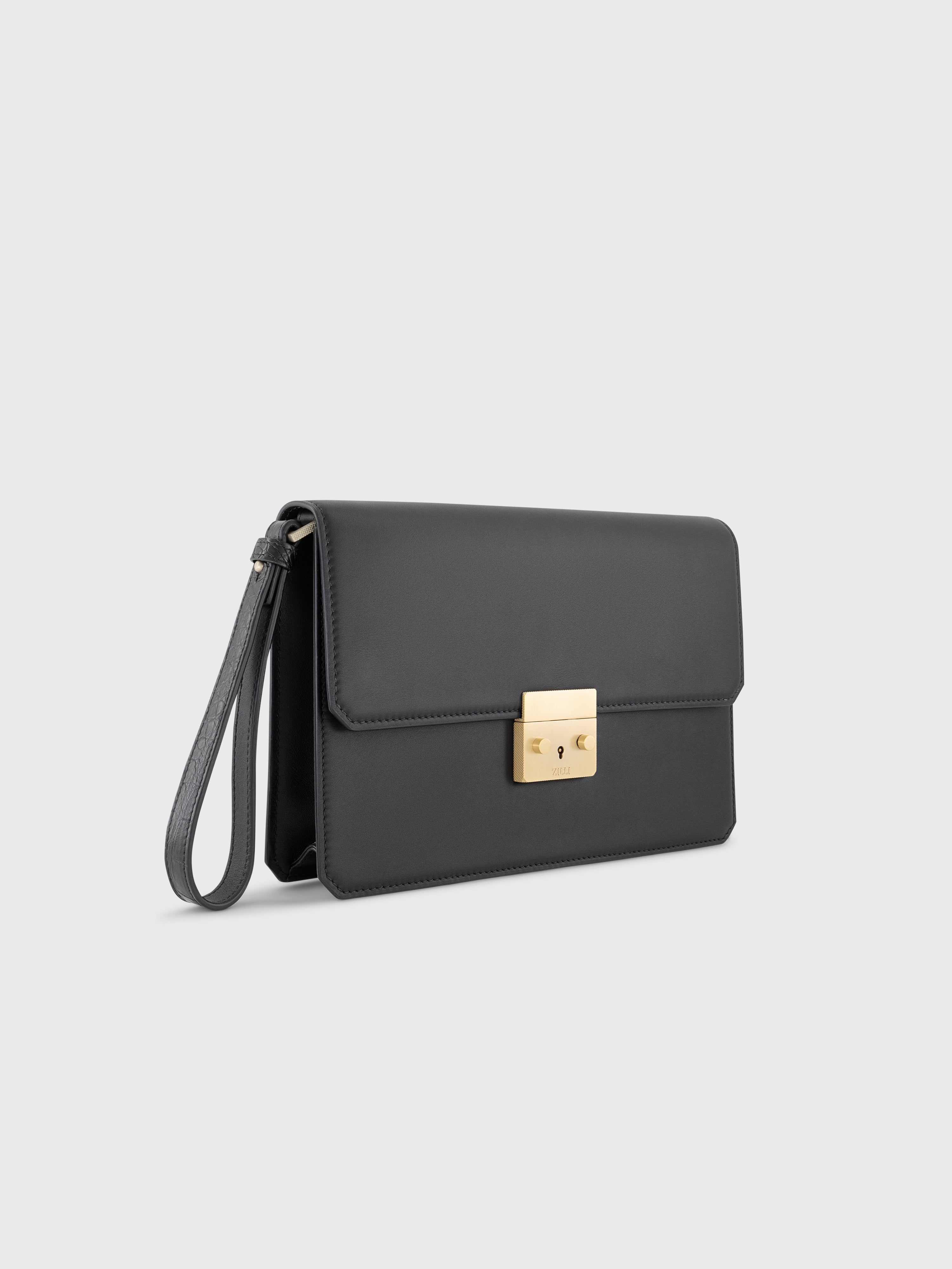 Calfskin Clutch Bag with Crocodile Details Black
