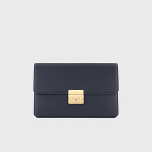 Calfskin Clutch Bag with Crocodile Details Blue Navy