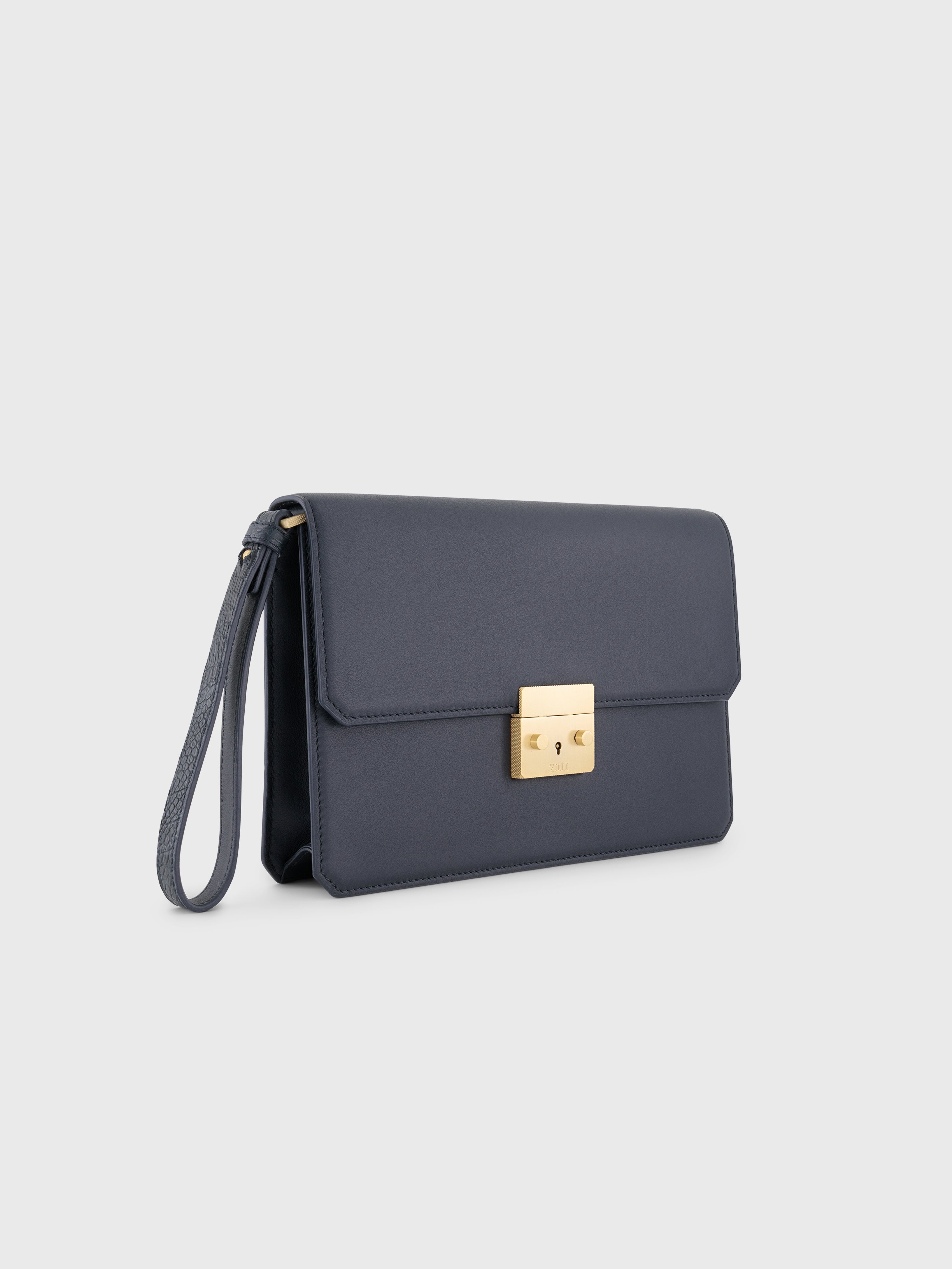 Calfskin Clutch Bag with Crocodile Details Blue Navy