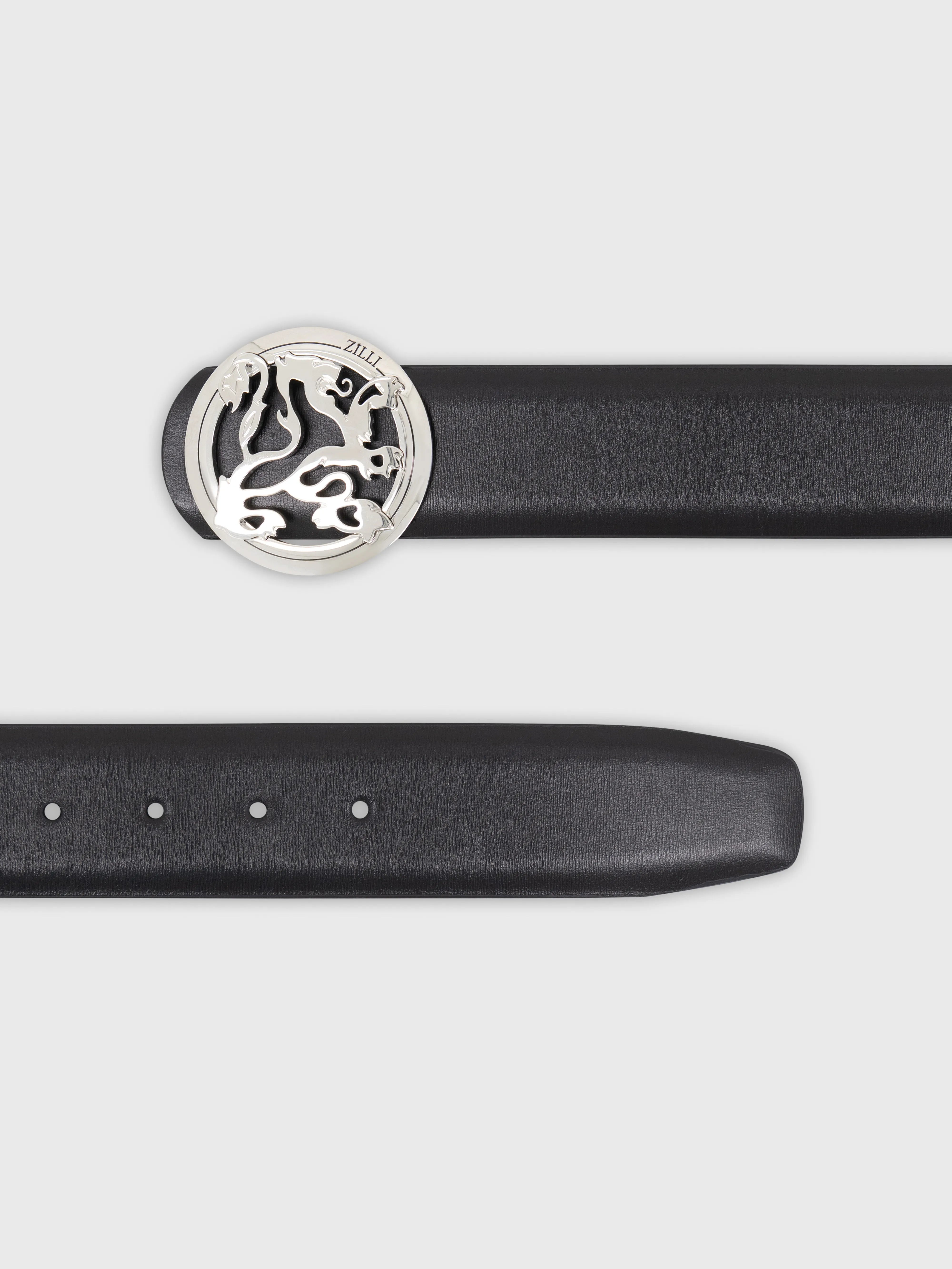 Palladium-Finish Lion Buckle Calfskin Belt - Black