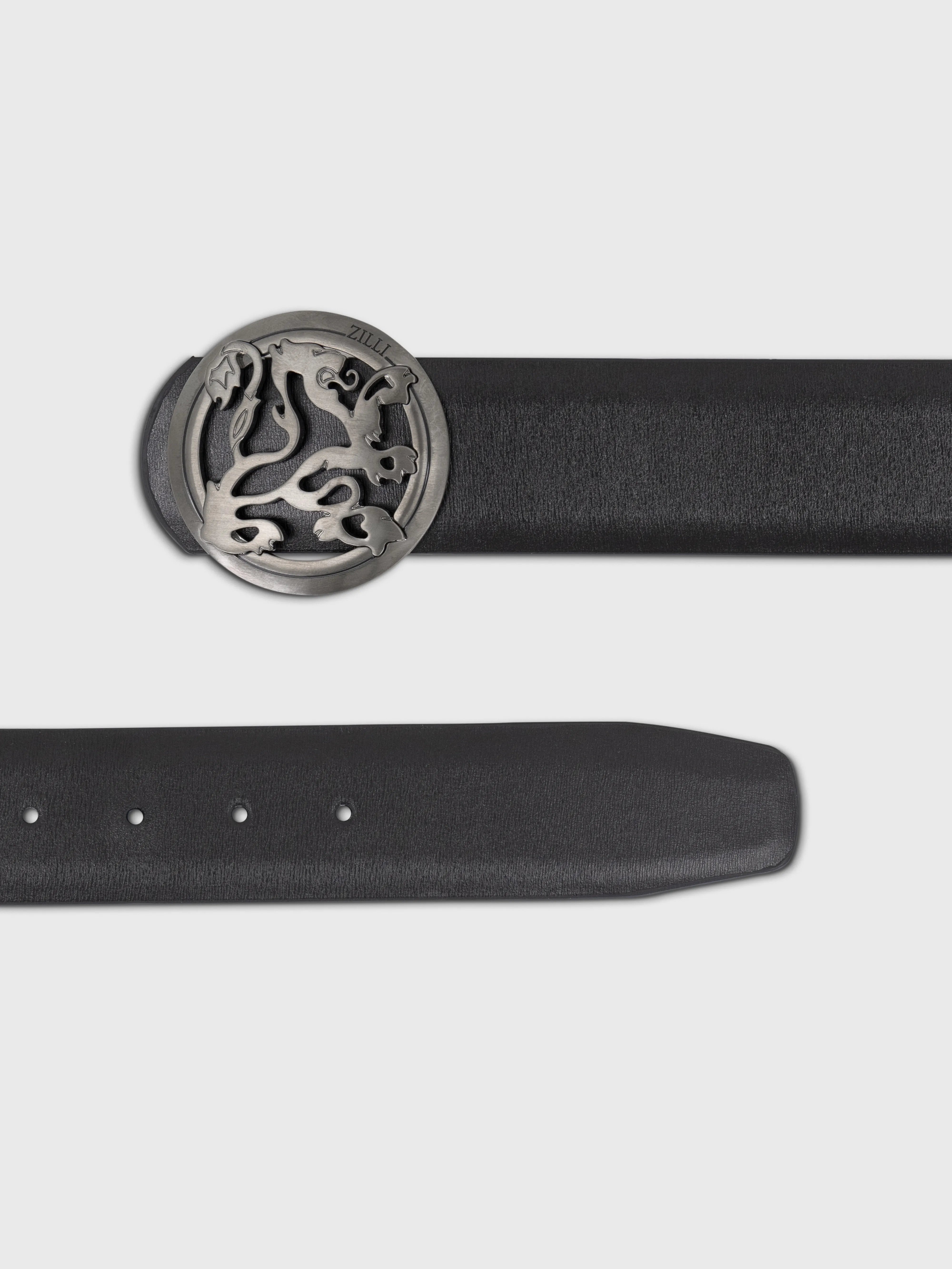 Calfskin Belt with ZILLI Lion Buckle - Black