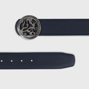 Ruthenium-Finish Lion Buckle Calfskin Belt - Dark Navy