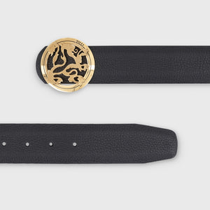 Gold-Finish Lion Buckle Grained Calfskin Belt - Black