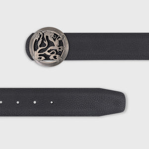 Ruthenium-Finish Lion Buckle Grained Calfskin Belt - Black