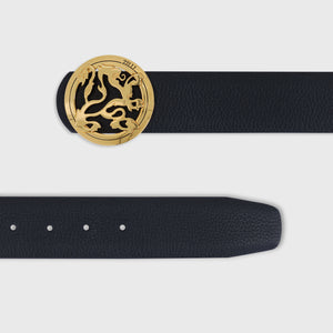 Gold-Finish Lion Buckle Grained Calfskin Belt - Blue Navy