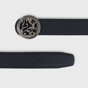 Ruthenium-Finish Lion Buckle Grained Calfskin Belt - Blue Navy