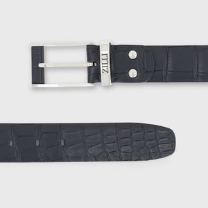 Palladium-Finish 2007 Buckle Crocodile Belt - Blue Navy
