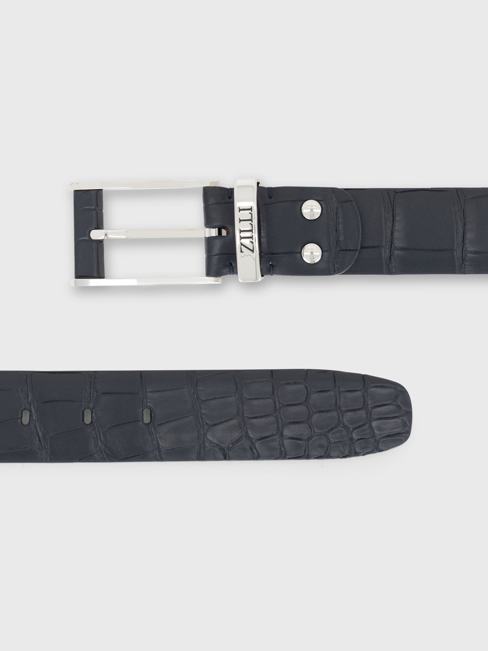 Palladium-Finish 2007 Buckle Crocodile Belt - Blue Navy