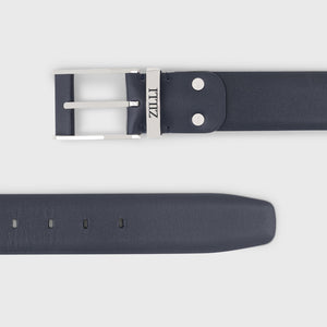 Palladium-Finish 126 Buckle Box Calfskin Belt - Blue Navy