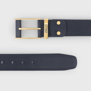 Gold-Finish 126 Buckle Box Calfskin Belt - Blue Navy