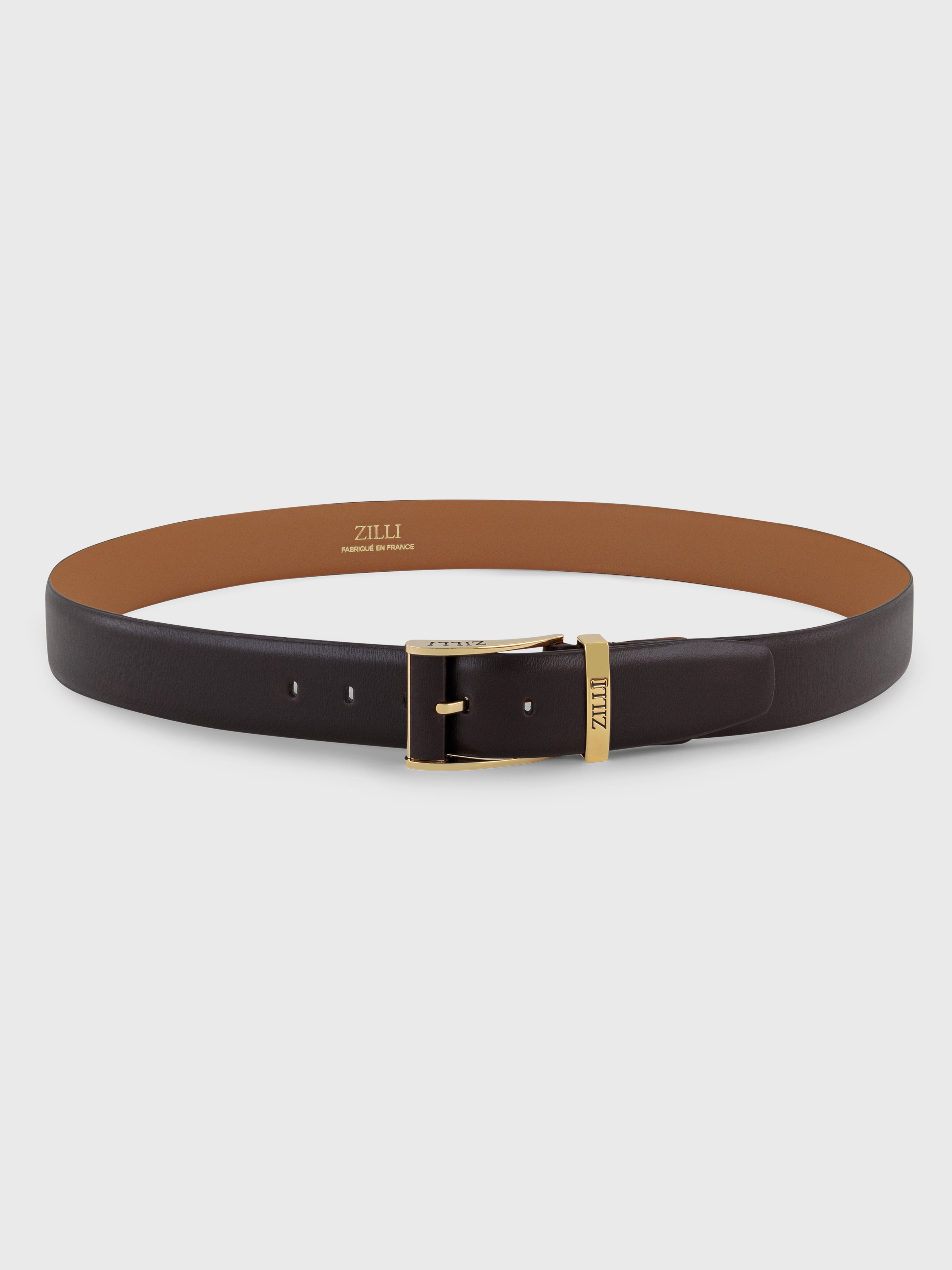 Gold-Finish 126 Buckle Box Calfskin Belt - Brown