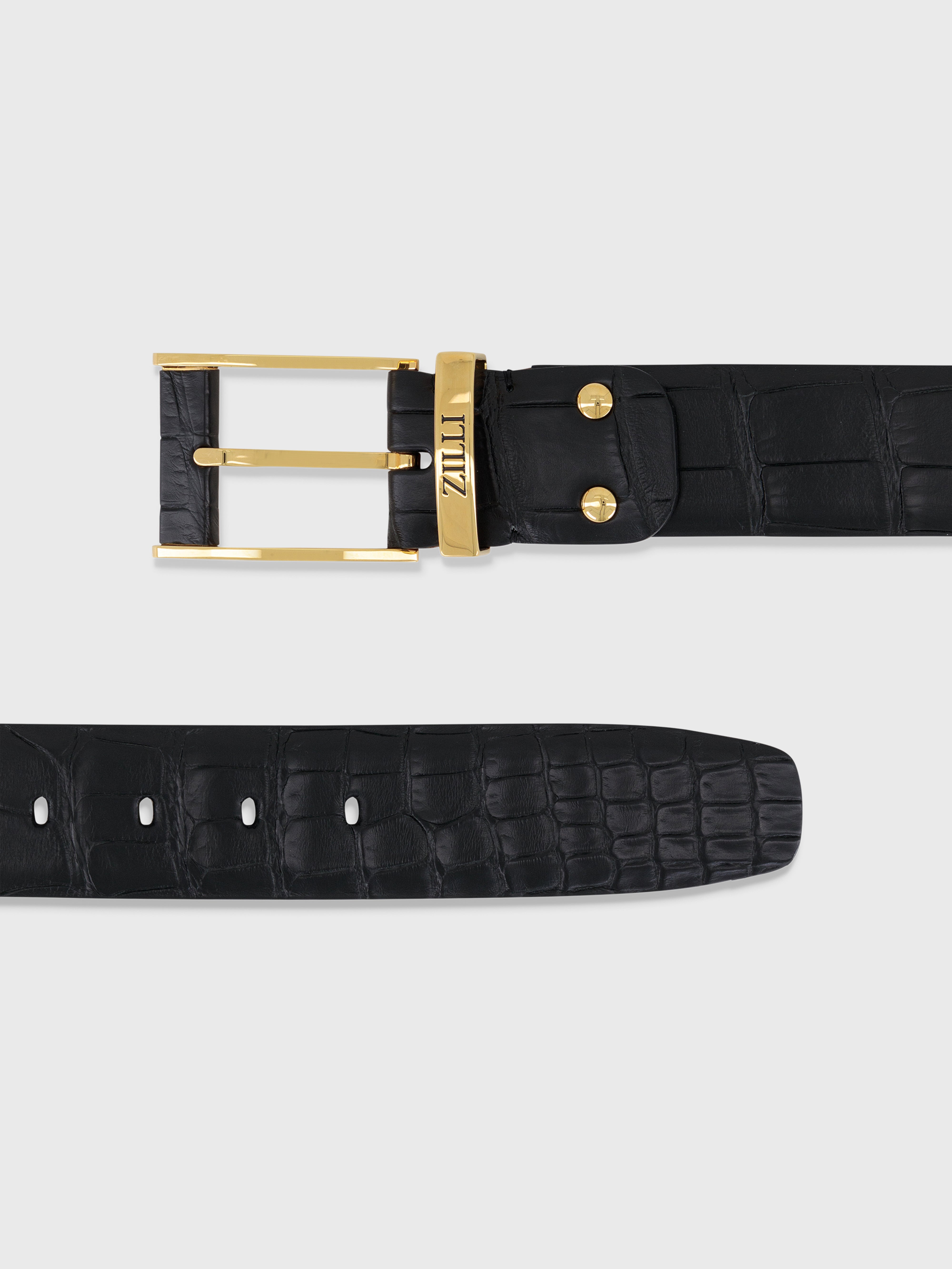 Gold-Finish 126 Buckle Crocodile Belt - Black
