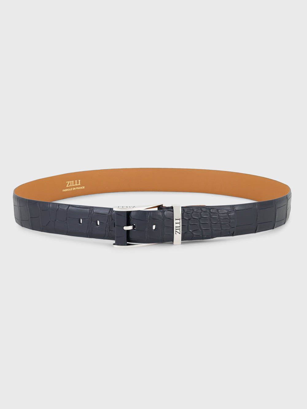 Palladium-Finish 126 Buckle Crocodile Belt - Blue Navy