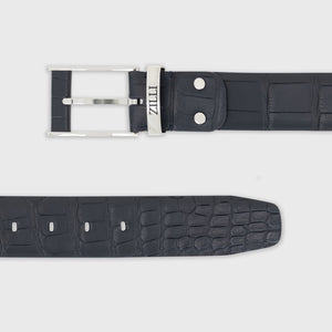 Palladium-Finish 126 Buckle Crocodile Belt - Blue Navy