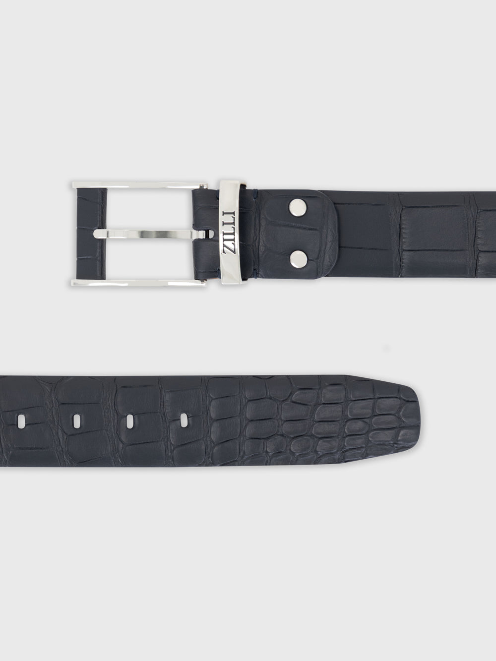 Palladium-Finish 126 Buckle Crocodile Belt - Blue Navy
