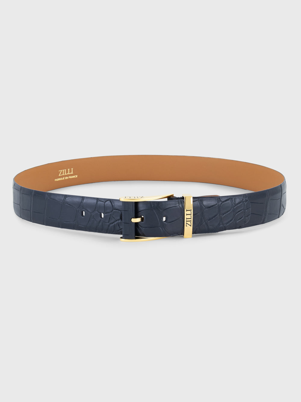 Gold-Finish 126 Buckle Crocodile Belt - Blue Navy