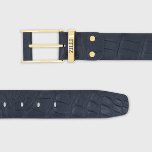 Gold-Finish 126 Buckle Crocodile Belt - Blue Navy