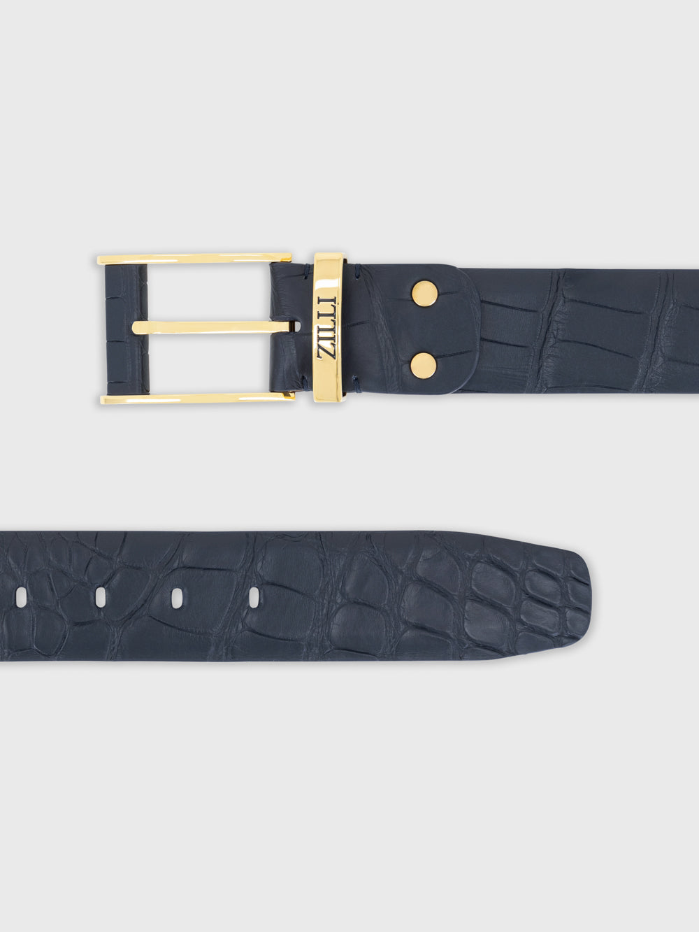 Gold-Finish 126 Buckle Crocodile Belt - Blue Navy