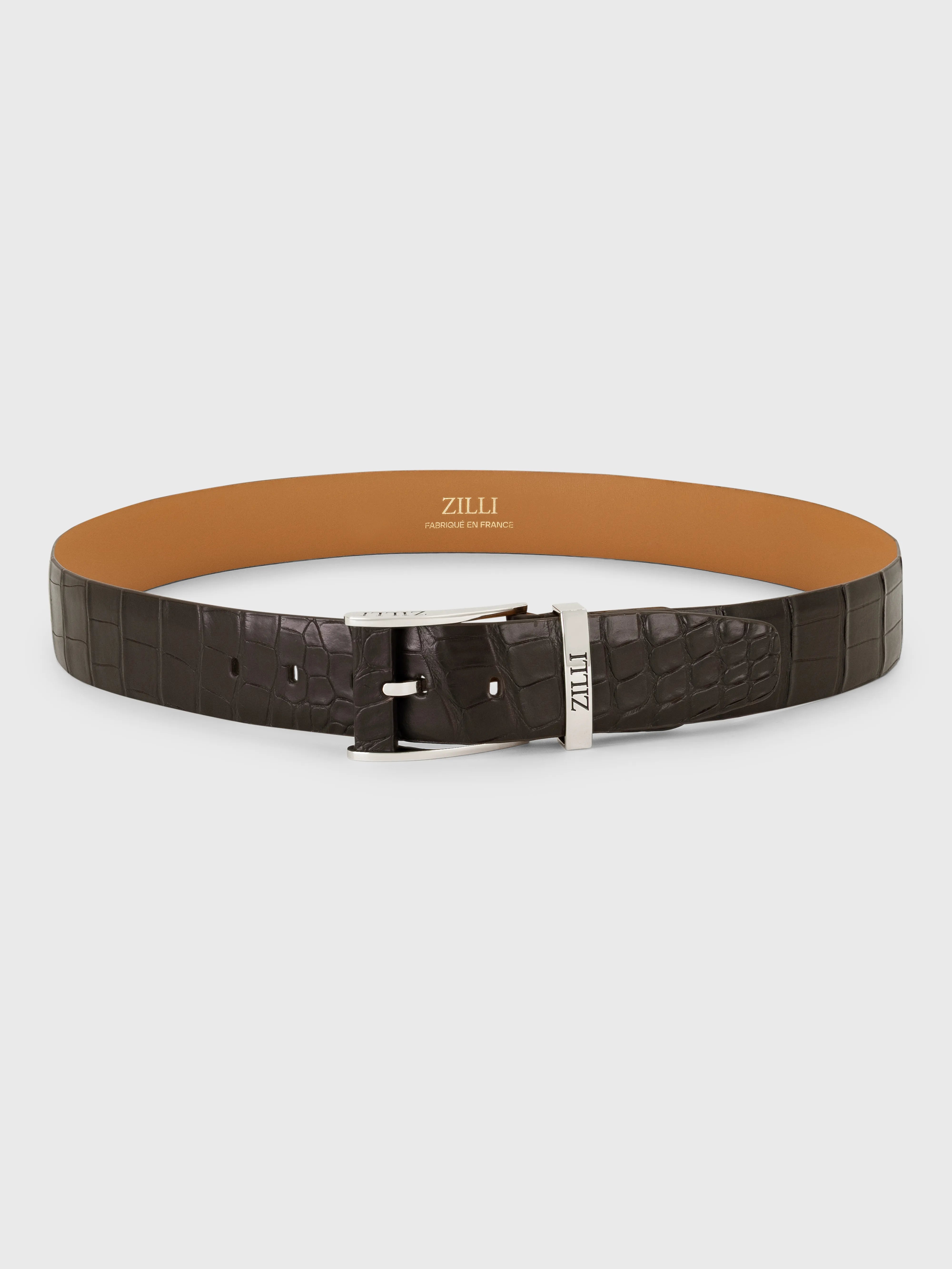 Crocodile Leather Belt with Folding Clasp Buckle - Brown