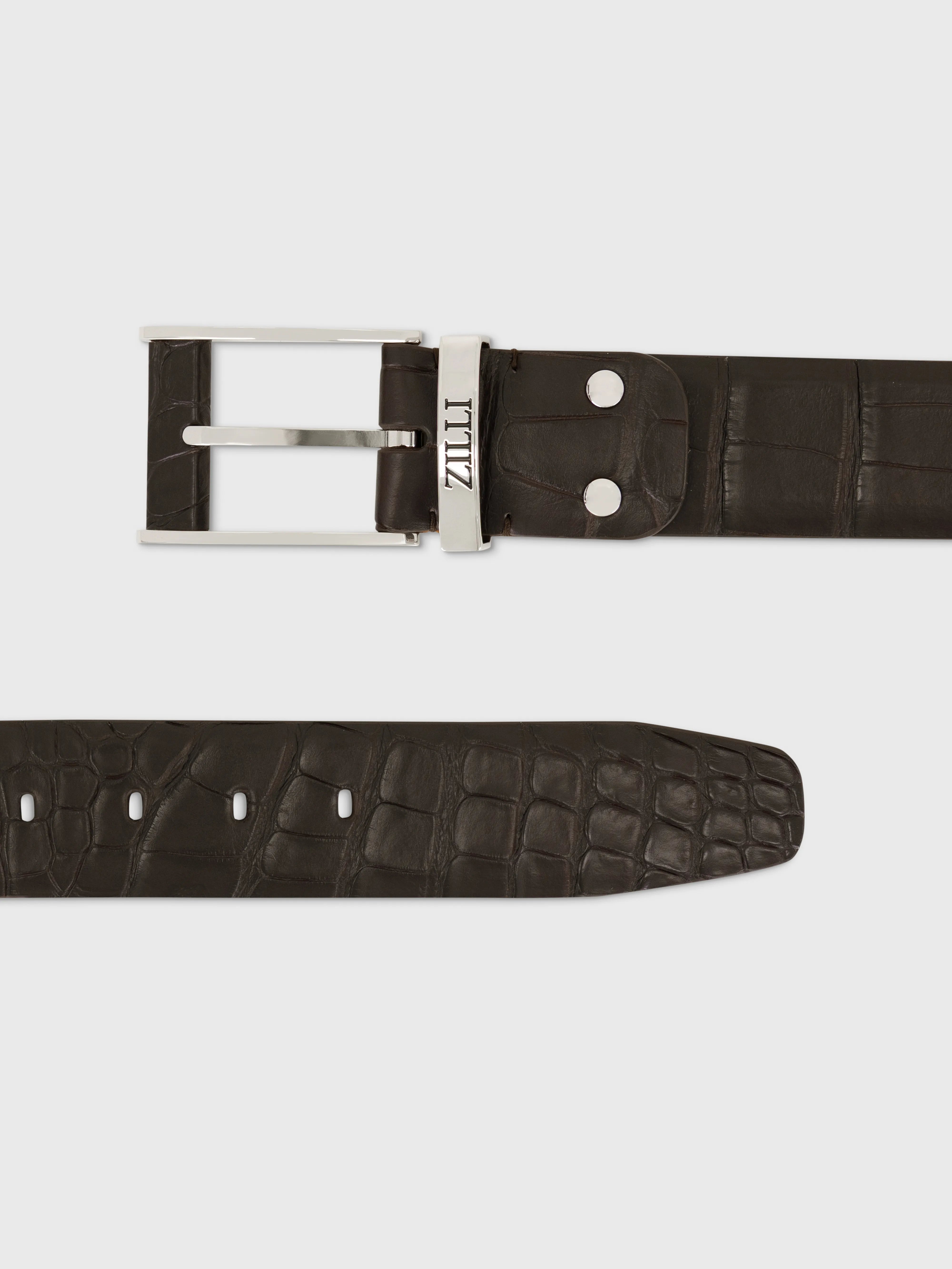 Crocodile Leather Belt with Folding Clasp Buckle - Brown