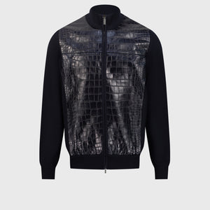 Full-Zip Sweater in Cashmere and Silk Crocodile Panel Dark Navy