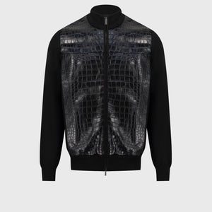 Full-Zip Sweater in Cashmere and Silk Crocodile Panel Black