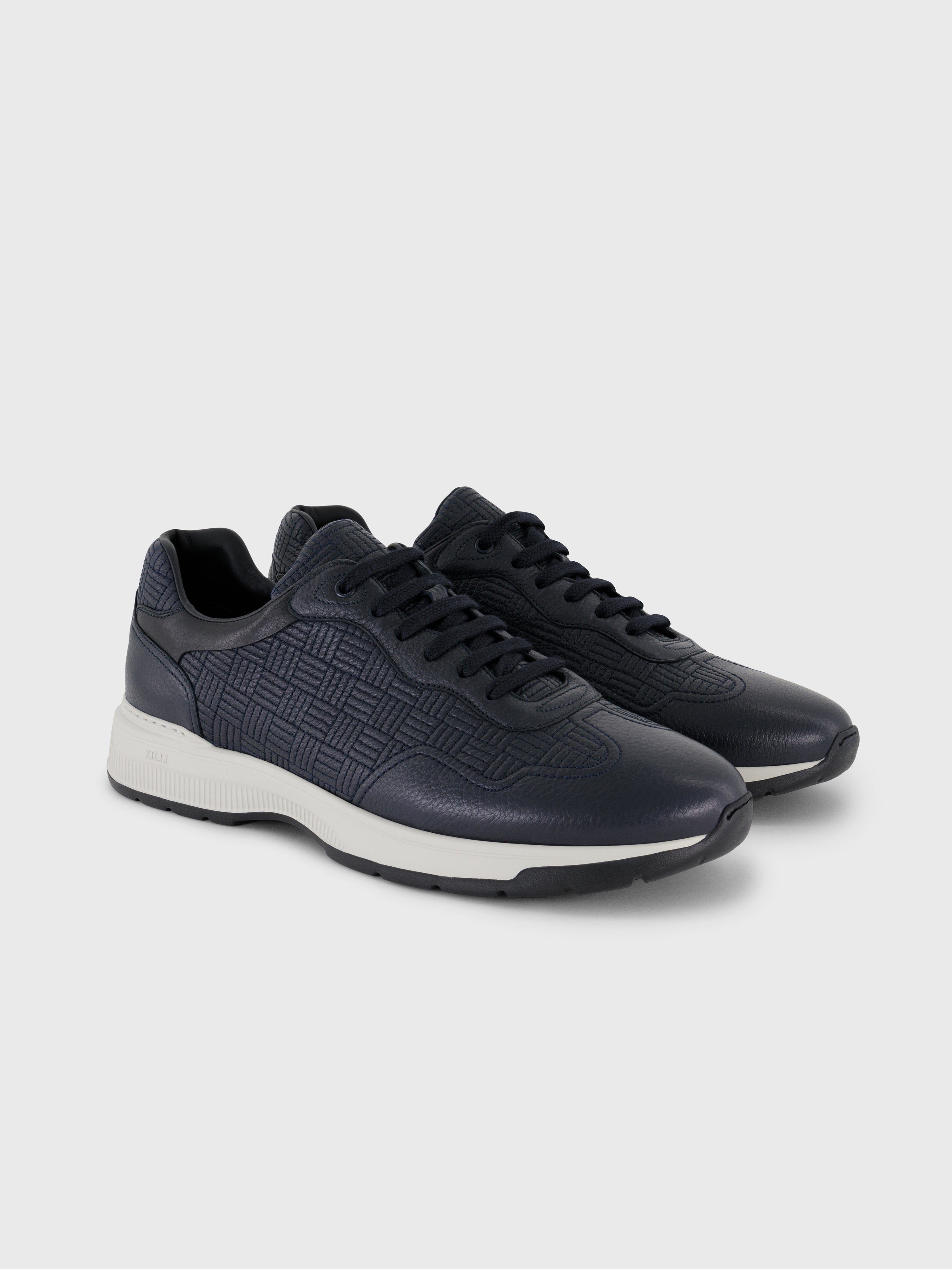 Grid Pattern Calfskin and Lambskin Sneakers Dark Navy