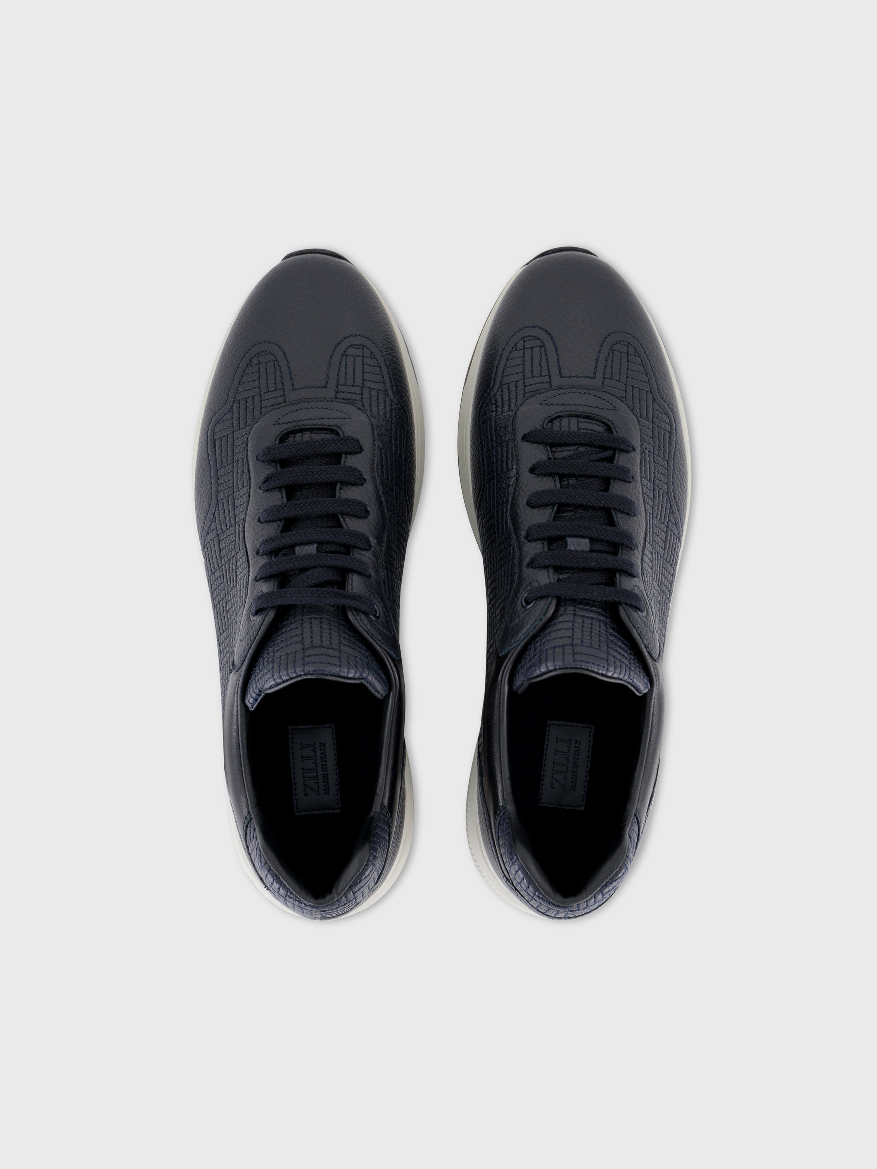 Grid Pattern Calfskin and Lambskin Sneakers Dark Navy