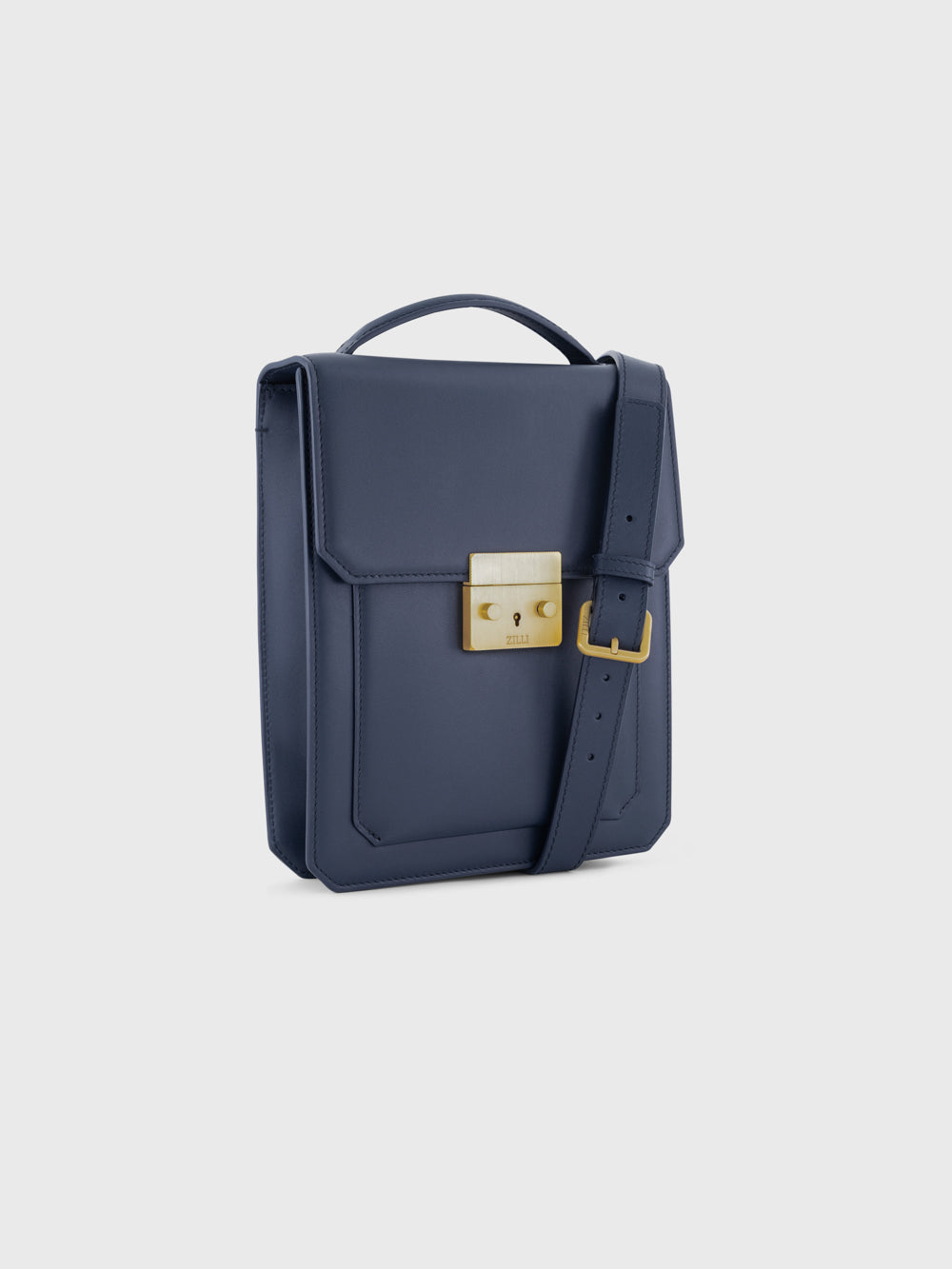 Gold-Finish Buckle Calfskin Shoulder Bag - Blue Navy